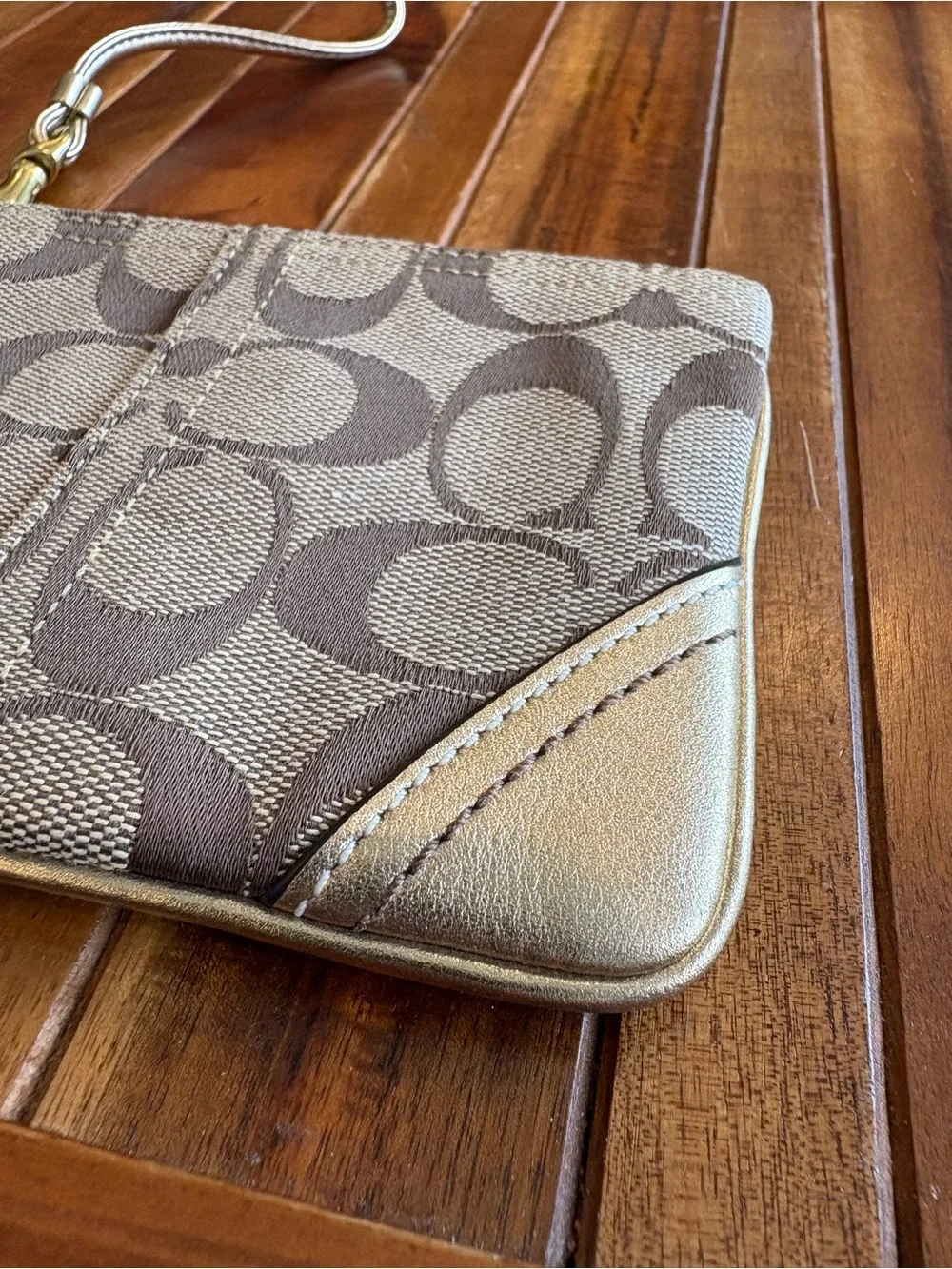 COACH Signature Jacquard Gold Canvas Coin Pouch Wristlet Wallet NWT
